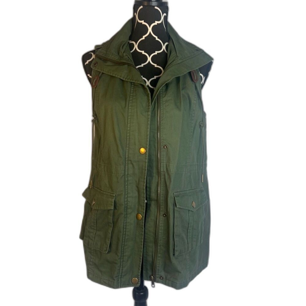 Market & Sprue Army Green‎ Outdoor Hooded Zip Front Cargo Gorpcore Vest Sz Small